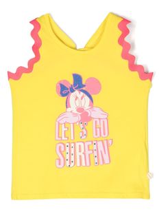 yellow/pink cotton contrasting trim round neck cartoon print rear criss-cross straps knot detailing to th rear straight hem Contrasting Trim, Contrast Trim, Pink Cotton, Cross Straps, Girl Top, Cartoon Print, Girls Tshirts, Criss Cross, Cotton T Shirt