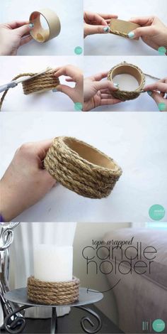 the steps to make a rope wrapped candle holder