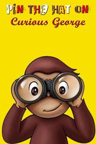 a monkey looking through binoculars with the words pin the hat on curious george