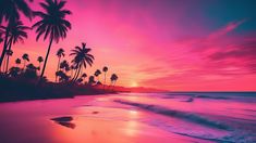 a beach with palm trees and the sun setting