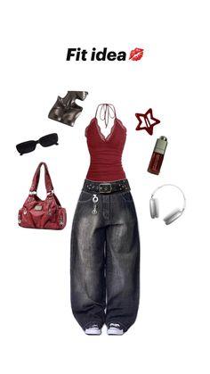 Red y2k baggy fangirl downtown fit Baggy Jean Outfits Y2k, Y2k Outfits Baggy, Red Baggy Long Pants, Y2k Style Baggy Mid-rise Flare Jeans, Red Baggy Cargo Pants, Red Y2k Outfit, Red Baggy Jeans With Pockets, Baggy Red Cotton Jeans, Black Baggy Jeans