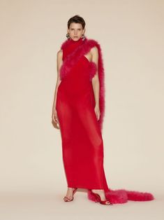 THE ATTICO Vibrant red long dress Red Draped Maxi Dress For Party, Red Evening Dresses With Feather Trim, Red Feather Trim Evening Dress, Red Sheer Maxi Dress For Evening, Elegant Red Dress With Feather Trim, Sheer Evening Dresses For Winter, Red Draped Dress For Red Carpet, Red Sheer Cocktail Dress, Red Sheer Dress