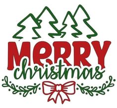 merry christmas lettering with trees and bows on the bottom in red, green and white