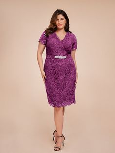 Orchid Festive V-neck Wedding Dress, Purple Short Sleeve Wedding Dress, Elegant Purple Wedding Guest Gown, Lace Wedding Dress In Purple, Elegant Purple Lace Wedding Dress, Festive Lace Mother Of The Bride Dress, Elegant Purple Dress For Mother Of The Bride, Festive Lace Dress For Wedding Guest, Elegant Purple Lace Dress