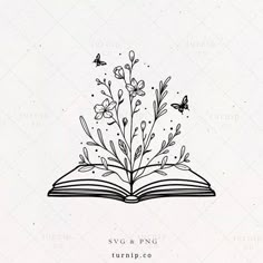 an open book with flowers and butterflies flying out of it, on top of a white background