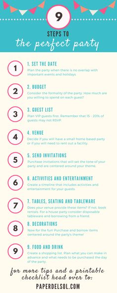 an info sheet with instructions for how to do the perfect party in 5 minutes or less