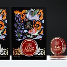 three different types of saffron labels are shown in front of a black background