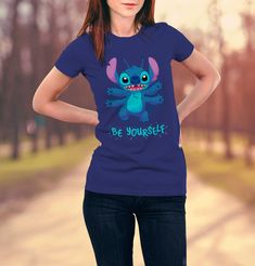 Cute illustration art of Stitch from the classic cartoon movie having with the motivational quote 'Be Yourself'. If you love this kawaii Experiment 626 and/or your a 90s kid this t-shirt is for you! Hi there! I'm glad you like my design. Please read carefully and take into account that I'm not a huge company, I'm just an artist working from home. But I will try my best to help you on any question you have, so don't hesitate to ask! Thanks so much :) Beware of Art Thieves: All the designs you see Cartoon Style Cotton Top With Letter Print, Cotton Cartoon Style Tops With Letter Print, Cotton Tops With Cartoon Character Print, Cotton Cartoon Tops With Character Print, Cartoon Print Short Sleeve Tops, Cotton Cartoon Character Print Tops, Cartoon Character Print Short Sleeve Tops, Summer Pop Culture T-shirt With Cartoon Print, Stitch Alien