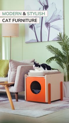 a cat sitting on top of an orange and white box in front of a couch