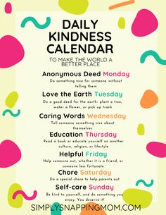 a poster with the words daily kindness calendar