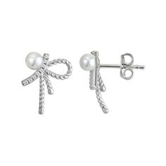 Finish off any ensemble with a touch of sweetness in these cubic zirconia and simulated pearl-embellished sterling silver bow earrings. Finish off any ensemble with a touch of sweetness in these cubic zirconia and simulated pearl-embellished sterling silver bow earrings. FEATURES Length: 15 mm Backings: post Nickel free Metal: sterling silver Plating: rhodium Finish: polished Packaging: boxedSTONE DETAILS Stone type: cubic zirconia Shape: round Setting: paveCULTURED PEARL DETAILS Diameter: 4.5 m Elegant White Gold Earrings With Bow, Silver Feminine Pearl Earrings For Anniversary, Classic Silver Jewelry With Bow Detail, Classic Silver Jewelry With Bow, Feminine Silver Pearl Earrings For Anniversary, Feminine Sterling Silver Earrings For Anniversary, Feminine Silver Earrings For Anniversary, Pearl Bow, Pearl Details