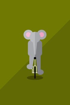 an elephant on a bike is shown in this minimalist poster style illustration, which features the shape and color of the animal's head