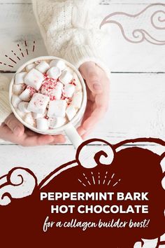 someone holding a cup of hot chocolate with marshmallows in it and the text peppermint bark hot chocolate for a collage best