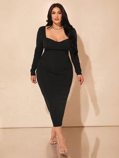 Combinaison moulante en tricot élégante et élastique pour soirée et rendez-vous de grande taille pour femmes avec rayures en velours, robe longue noire chic à manches longues Noir Élégant  Manches longues Tissu tricoté Unicolore Moulant Élasticité moyenne  Women Plus Clothing, size features are:Bust: ,Length: ,Sleeve Length: Plus Size Dresses For Party, Bodycon Gown, Plus Size Black Dresses, Bodycon Bodysuit, Midi Dress Fall, Best African Dresses, November Wedding, Plus Size Bodycon