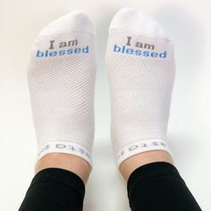 i am blessed socks with inspirational words Notes To Self, Blue Words, You Are Blessed, I Am Blessed, White Socks, Positive Quote, Columbia Blue, Athletic Socks, White Sock