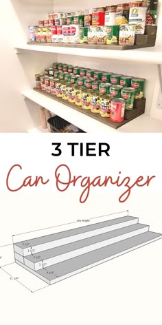 the three tier can organizer is shown with labeled shelves and food items on it, including canned