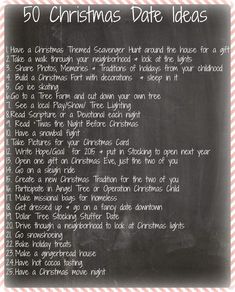 a blackboard with the words 50 christmas date ideas written on it