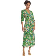 Donna Morgan 3/4 Sleeve Floral Print Empire Dress A Pretty And Flowery, Bohemian-Style Dress That Features A V-Neckline, Fabric Button Cuff Sleeves, And A Straight, Midi-Length Skirt. Additional Details: - Partially Lined - Hidden Back Zipper - Extra Button Included - Care: Machine Wash Cold Available Colors: Green Yellow Fabric: Bubble Crepe (97% Polyester, 3% Spandex) Lining (100% Polyester) Final Sale. Multicolor 3/4 Sleeve Midi Dress For Spring, Spring Multicolor Midi Dress With 3/4 Sleeves, Green 3/4 Sleeve Dresses For Brunch, Green 3/4 Length Dress For Spring, Spring Vacation Dress 3/4 Length, Spring Half Sleeve Maxi Dress For Day Out, Chic Green Dresses With 3/4 Sleeves, Chic Green Dress With 3/4 Sleeves, Spring Floral Print Midi Dress 3/4 Length