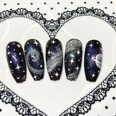 Beautiful space design by @nails_by_nicki_xoxo love these 😍 Space nails 🌙⭐️💫🪐 nailchemyuk The nebula collection and white artisan. #spacenails #nebulacollection #nebulanails #spacenailart #spacenailsdesign #stalybridgenails #stalybridgenailtech Blue Space Nails, Space Inspired Nails, Space Theme Nails, Saturn Nails, Space Themed Nails, Outer Space Nails, Nebula Nails, Universe Nails, Nail References