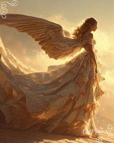 a woman in a white dress with an angel wings on her back and the sun behind her