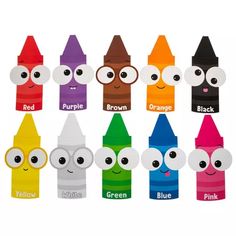 the crayons are all different colors and have eyes