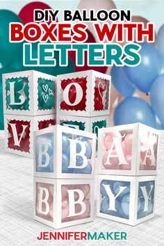 some balloons are in the air and letters are on cubes that spell out baby's names