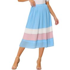 The pleated skirt features a high waist and A-line silhouette that accentuates your graceful figure, creating a golden section ratio. With its bold color blocking and pleated design, this chiffon midi skirt looks striking in motion and captivates even at a standstill. It has an elasticated waist for a very comfortable fit. Keep the summer vibes going with strappy sandals or heels! Fun and colorful, the color-block pleated skirt from Allegra K will brighten up your days. Picnic Skirt, Golden Section, Chiffon Midi Skirt, Pleated Chiffon Skirt, Midi Skirt With Pockets, Midi Flare Skirt, Pleated Chiffon, Women Midi, Chiffon Skirt