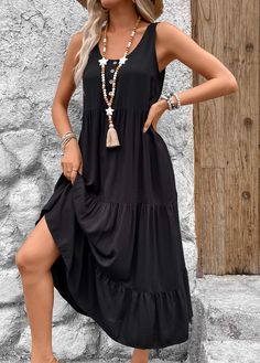 Sleeveless Buttoned Maxi Dress For Vacation, Sleeveless Summer Maxi Dress With Buttons, Sleeveless Buttoned Summer Maxi Dress, Casual Sleeveless Maxi Dress With Buttons, Black Sleeveless Bohemian Midi Dress, Bohemian Black Sleeveless Midi Dress, Casual Black Sleeveless Dress With Buttons, Sleeveless Dress, Scoop Neck