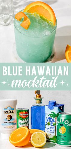 a blue hawaiian mocktail with the glass and ingredient photo Mocktail Luau, Blue Hawaii Mocktail Drink, Drinks To Have At A Party, Under The Sea Mocktails, Non Alcoholic Beach Drinks, Easy Mocktails For Party, Blue And Yellow Mocktails, Drinks For Showers, Beach Mocktail Recipe