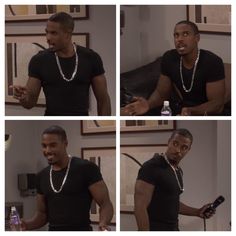 four different shots of a man holding a cell phone and wearing pearls on his neck