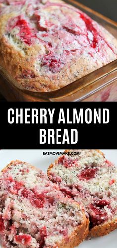 cherry almond bread on a white plate with text overlay