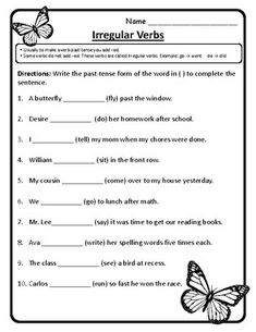 the irregular verbs worksheet with butterflies