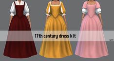 the 17th century dress kit is shown in three different colors