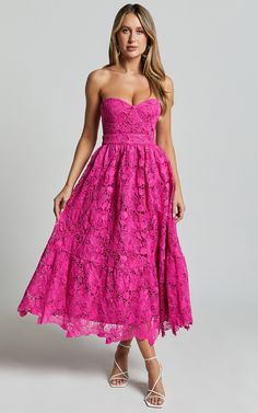 Gabriela Midi Dress - Strapless Lace Dress in Magenta | Showpo USA Cheap Strapless Midi Dress, Cheap Strapless Midi Dress For Evening, Cheap Pink Strapless Dress For Women, Cheap Chic Strapless Midi Dress, Luxury Chic Strapless Dress For Garden Party, Cheap Glamorous Strapless Summer Dress, Cheap Stretch Strapless Midi Dress, Cheap Flirty Strapless Dress, Cheap Summer Strapless Party Dress