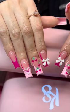 Pink Acrylic Nail Ideas, Princess Peach Nails, Long Nails Design 2024, Virgo Nails Acrylic, Long Square Acrylic Nails Hello Kitty, Virgo Nails, Pink Long Nails With Charms, Y2k Nails Acrylic Long Hello Kitty, Long Pink Acrylic Nails With Charms