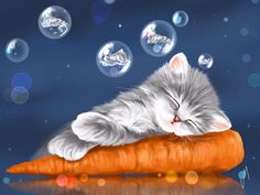 a painting of a kitten sleeping on top of a carrot with bubbles in the background