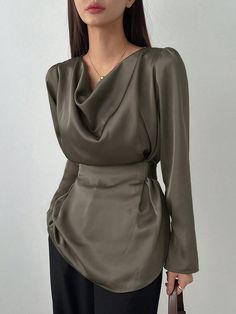 Women's Puff Long Sleeve Blouse With Cowl Collar Army Green Casual,Elegant  Long Sleeve Woven Fabric Plain Top Non-Stretch  Women Clothing, size features are:Bust: ,Length: ,Sleeve Length: Puff Sleeves With Elastic, Peplum Top Outfits Casual, Puff Sleeves Tops, Academia Aesthetic Outfit, Classy Outfits For Women, Ribbed Knit Bodysuit, Women Blouses Fashion, Elegant Dresses Classy, Womens Business Casual