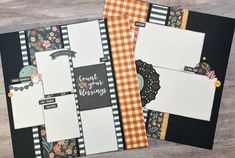 three scrapbook pages with different designs and papers attached to each other on a wooden surface