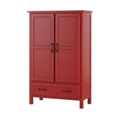 a red armoire with two doors and drawers