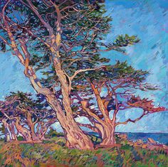 an oil painting of trees on a hill