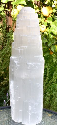 a large white piece of rock sitting on top of a table in front of some plants