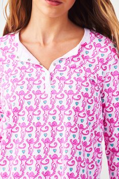 Sweet dreams are guaranteed when you drift off in our fan-fave Women's PJs. The long-sleeved top and slim-fitting pants are made for relaxation, and the cheeky pink monkey print only adds to their charm. 4 Snap Henley Mid-Rise Elastic Waistband Super-Smooth Flatlock Seams Materials and Care 100% Pima Cotton Machine Wash Cold, With Like Colors Do Not Bleach, Tumble Dry Low (Line Dry Recommended) Imported Measurement Information Model Wears Size Small Size S Top Length: 27" (from Shoulder) Size S Sleeve Length: 23.25" (from Shoulder) Size S Inseam: 31" Size S Front Rise: 10.75" Roller Rabbit Pajamas Long Sleeve, Monkey Pajamas, Pink Monkey, Pajamas Long Sleeve, Preppy Tops, Sleepover Bag, Pink Monkeys, Womens Dress Tops, Womens Pjs