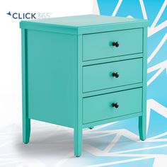 a blue dresser with three drawers on it