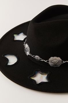 Taking a forever classic to the next level, this so cool hat is featured in a staple wide brim style and felt fabrication with western-inspired chain at center and fun, iridescent shape cutouts for added dimension. | Forever Western Wool Hat by Free People in Black Goth Cowboy, Cool Hats, Wool Hat, Wide Brimmed, Cowboy Hats, Free People, Take That, Wool, Chain