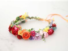 This beautiful flower crown is a lovely accessory, perfect for a party,  or wedding.  Our stunning faux flowers look like the real. Head circumference:  one size fits all (adjustable) / fits adults and older children If the crown should fit the baby, after buying please give head circumference Colorful Flower Crown Wedding, Flower Girl Wreath Floral Crowns, Flower Crown Colorful, Bright Flower Crown, Flower Crown Wildflowers, Rainbow Flower Crown, Wildflower Party Theme, Faux Flower Crown, Carnival Flowers