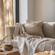 a living room with a couch, coffee table and window covered in white linens