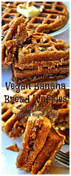 vegan banana bread waffles are stacked on top of each other and ready to be eaten