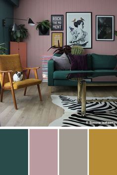 a living room filled with furniture and lots of different colors on the walls in front of it