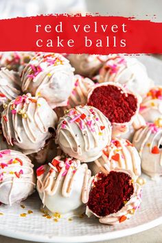 red velvet cake balls with white frosting and sprinkles on a plate