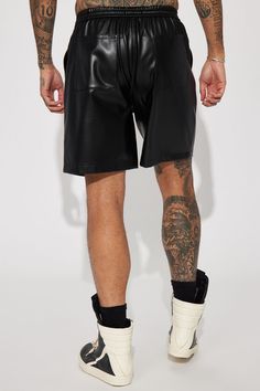 Available In Black. Elastic Waist Drawstring Side Hand Pockets Back Pockets Shell/Coating: 100% Polyurethane Backing: 100% Polyester Imported | Mens Faux Leather Relaxed Shorts in Black size Small by Fashion Nova Woman Back, Swim Shorts, Jeans Pants, Clothes For Sale, Mens Shorts, Everyday Essentials Products, Black Fashion, Fashion Nova, Elastic Waist